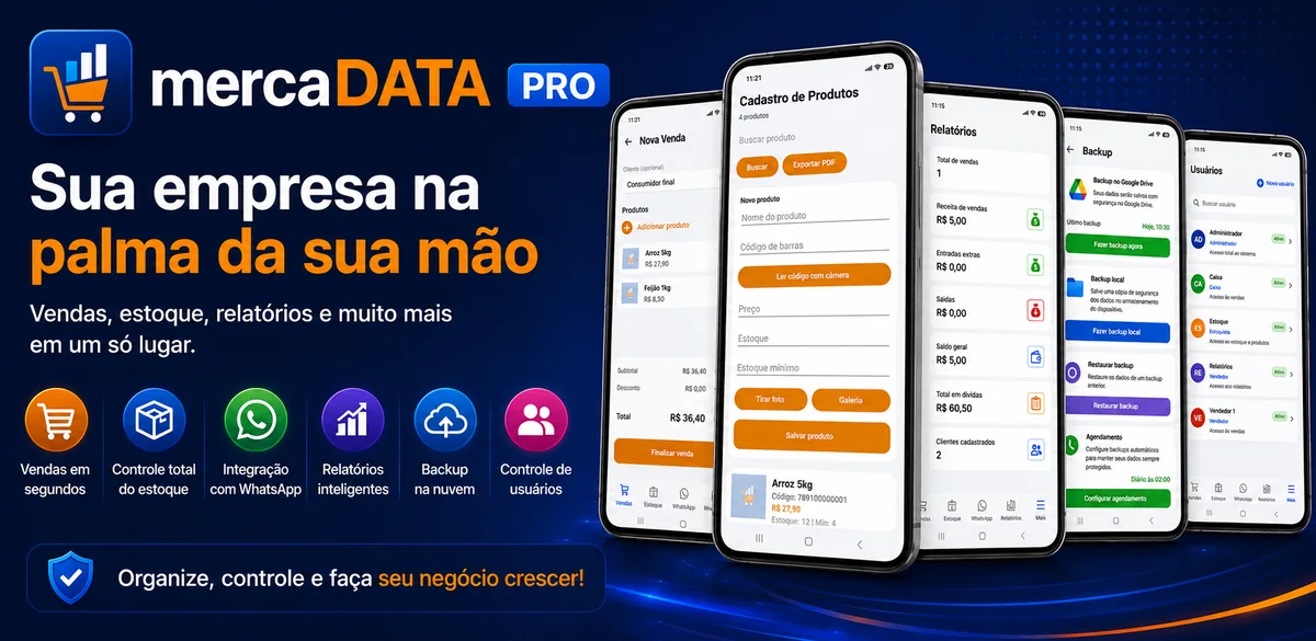 Banner promocional do mercaDATA PRO com telas do aplicativo